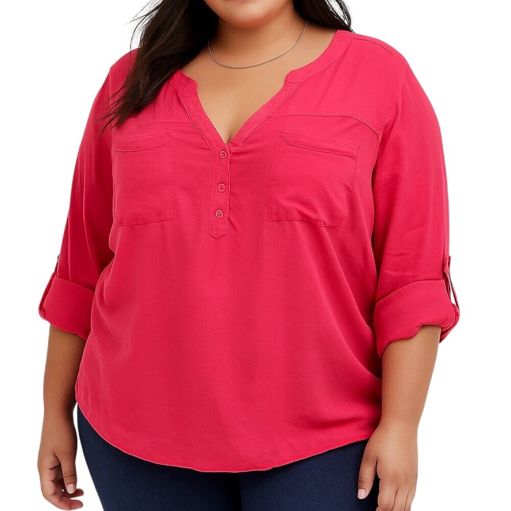 Torrid Womens 2 Pink Rayon V-Neck Button Front Roll Tab Sleeve Blouse Top